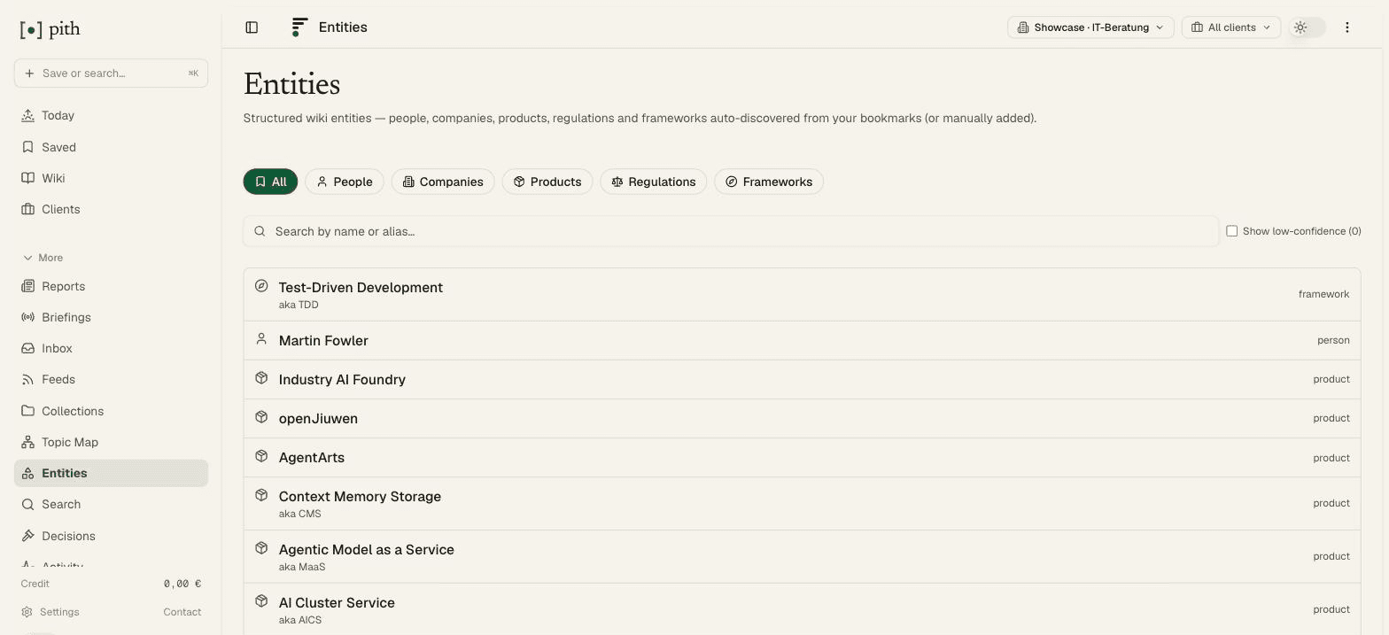Topic-map view with five color-coded clusters: AI & transformers, Rust, React, Database, DevOps.