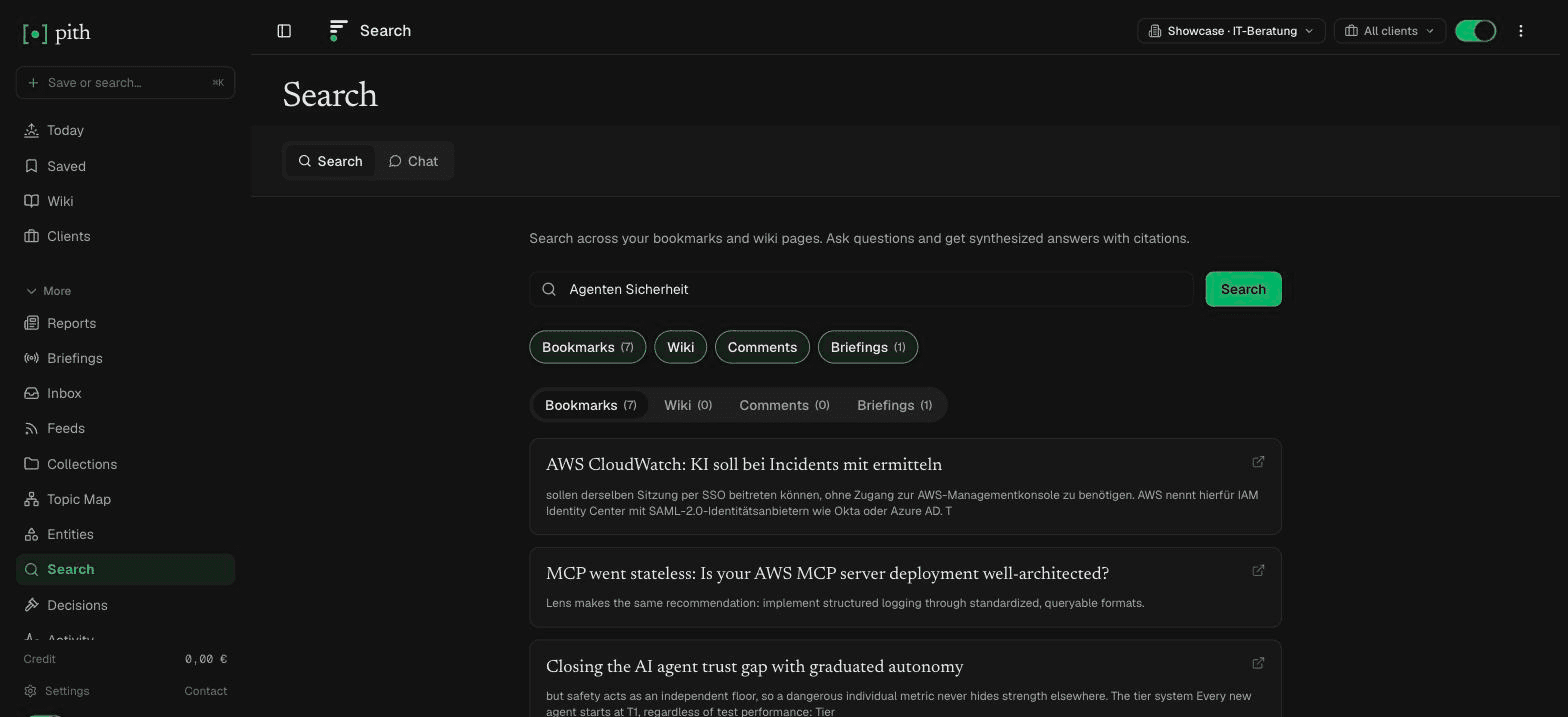 Search across your knowledge — results with sources