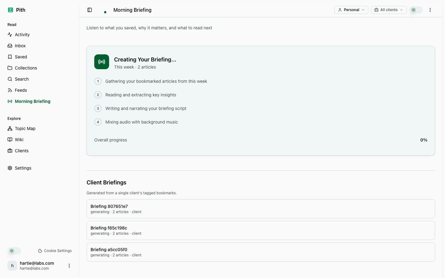 AI briefings — product screenshot