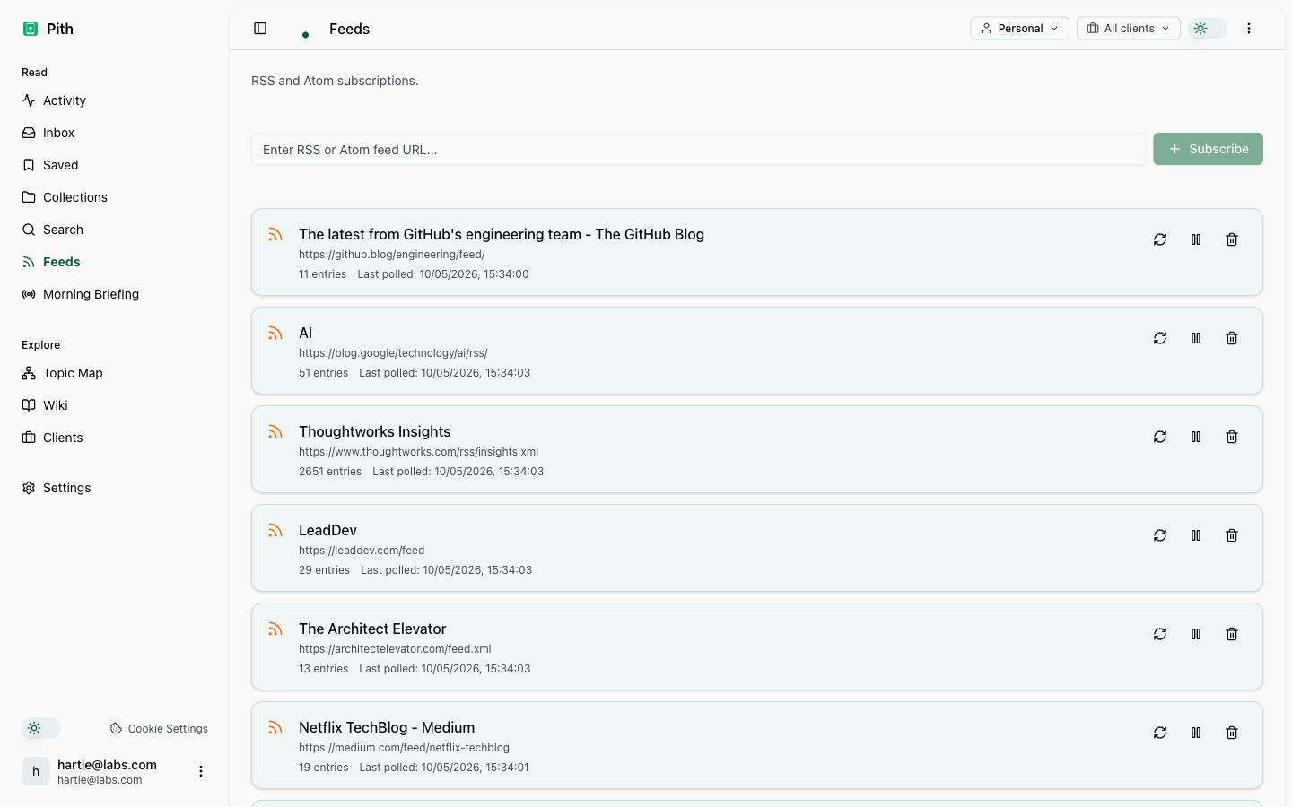 RSS subscriptions — product screenshot